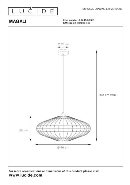 Lucide MAGALI - Hanglamp - Ø 56 cm - 1xE27 - Naturel - technisch